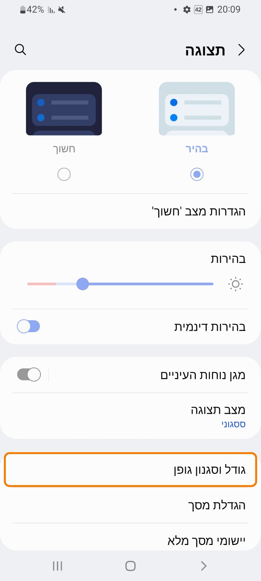 מסך התצוגה בטלפון סמסונג. מסגרת כתומה מסמנת את האפשרות גודל וסגנון גופן.